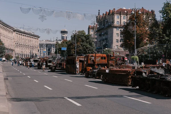 A parade of broken Russian military equipment in the city center on Khreshchatyk Street.