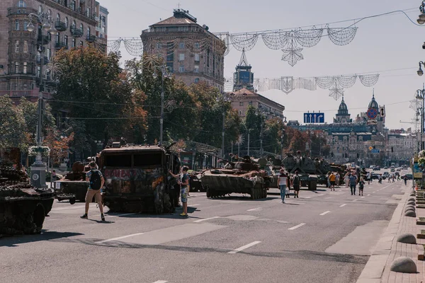 A parade of broken Russian military equipment in the city center on Khreshchatyk Street.