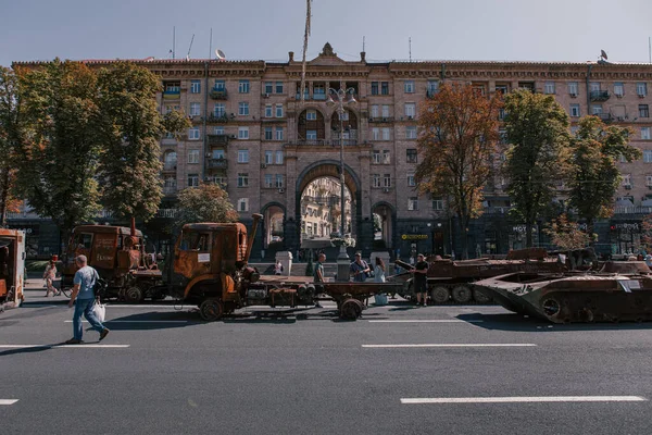 A parade of broken Russian military equipment in the city center on Khreshchatyk Street.