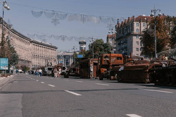A parade of broken Russian military equipment in the city center on Khreshchatyk Street.