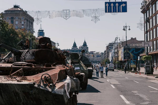 A parade of broken Russian military equipment in the city center on Khreshchatyk Street.