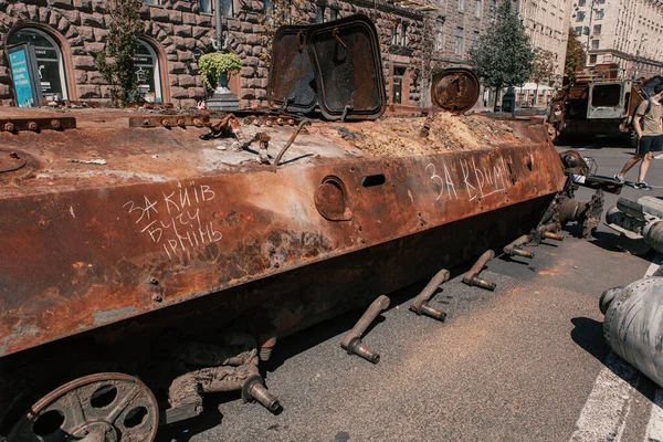 A parade of broken Russian military equipment in the city center on Khreshchatyk Street.