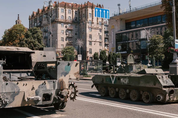 A parade of broken Russian military equipment in the city center on Khreshchatyk Street.
