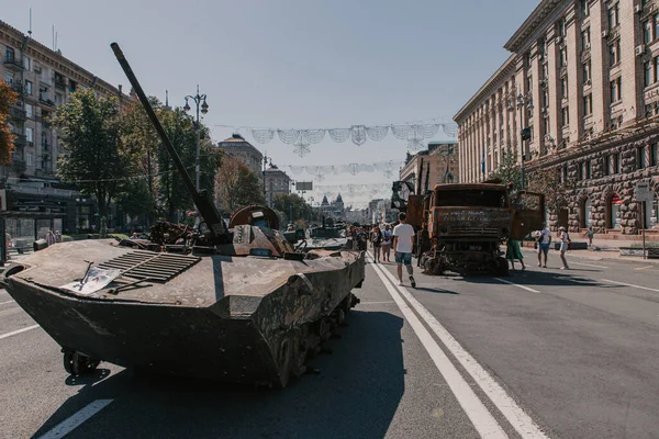 A parade of broken Russian military equipment in the city center on Khreshchatyk Street.