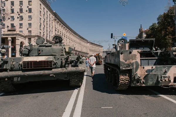 A parade of broken Russian military equipment in the city center on Khreshchatyk Street.