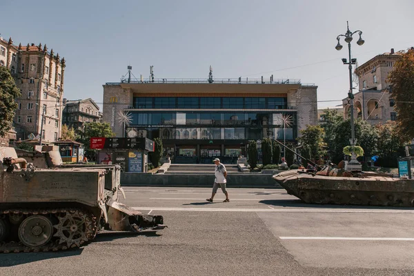 A parade of broken Russian military equipment in the city center on Khreshchatyk Street.