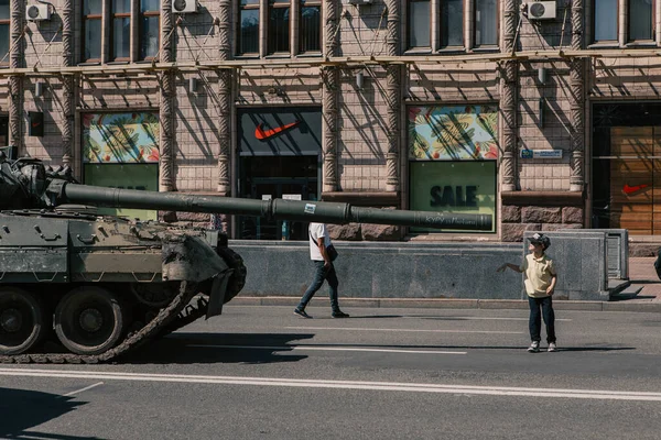 A parade of broken Russian military equipment in the city center on Khreshchatyk Street.