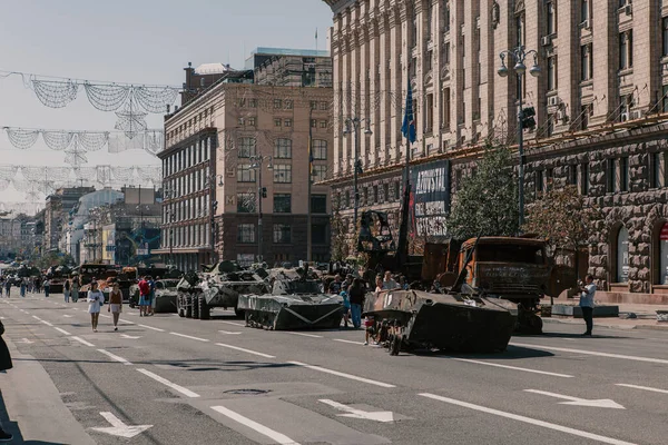 A parade of broken Russian military equipment in the city center on Khreshchatyk Street.