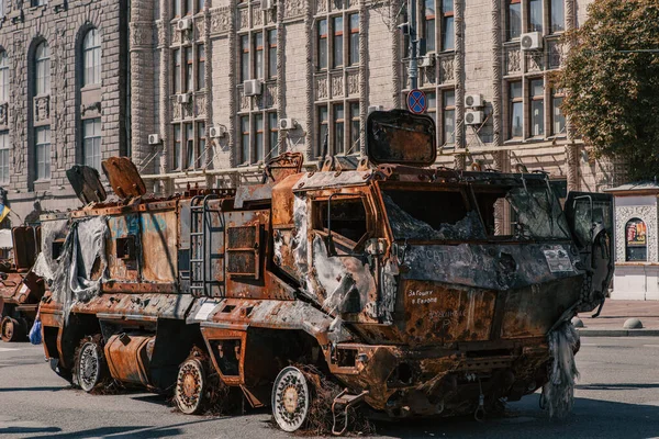 A parade of broken Russian military equipment in the city center on Khreshchatyk Street.
