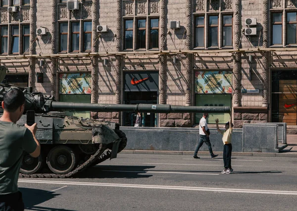 A parade of broken Russian military equipment in the city center on Khreshchatyk Street.