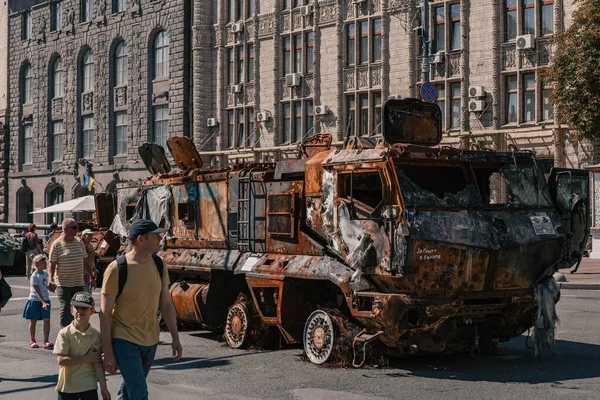 A parade of broken Russian military equipment in the city center on Khreshchatyk Street.