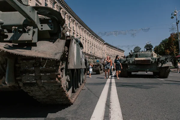 A parade of broken Russian military equipment in the city center on Khreshchatyk Street.
