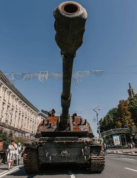 A parade of broken Russian military equipment in the city center on Khreshchatyk Street.