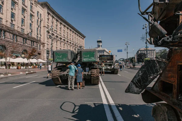 A parade of broken Russian military equipment in the city center on Khreshchatyk Street.