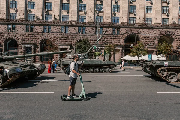 A parade of broken Russian military equipment in the city center on Khreshchatyk Street.