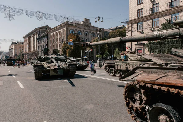 A parade of broken Russian military equipment in the city center on Khreshchatyk Street.