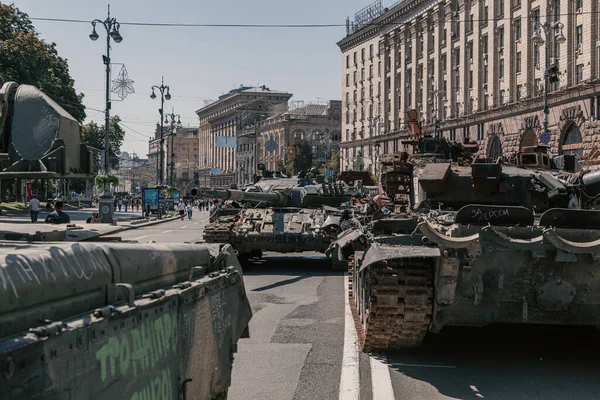 A parade of broken Russian military equipment in the city center on Khreshchatyk Street.