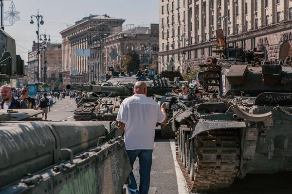 A parade of broken Russian military equipment in the city center on Khreshchatyk Street.