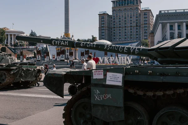A parade of broken Russian military equipment in the city center on Khreshchatyk Street.