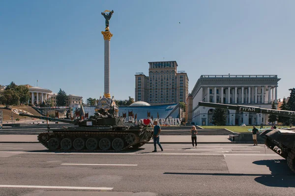 A parade of broken Russian military equipment in the city center on Khreshchatyk Street.