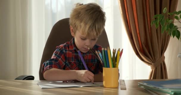 かわいい子供の描画色図 自宅で子供の距離学習 未就学児の男の子が窓の近くの部屋の机のテーブルに座る — ストック動画