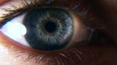 Açık Mavi Kadın Gözler 'i kapatın. İnsan gözbebeği kornea göz bebeği kirpikleri. Macro Shot. 2x Yavaş çekim 60 fps 4K