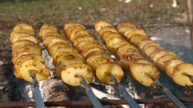 Kamp ateşinde Şiş 'te Patates Kızartması. Aile Çocuk Gezisi Piknik Pikniği Kırsal Bölge 'de. Doğanın Kırsal Sahne Yaz Günü. 2x Yavaş çekim 60fps 4K