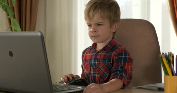 Criança Inteligente Usa Computador Laptop Para Estudo Kid Distance Learning — Vídeo de Stock