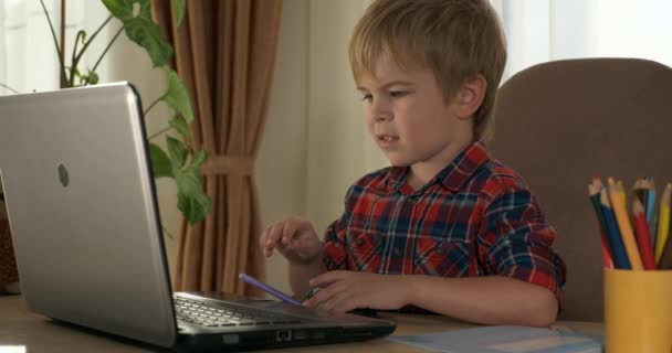 Inteligente Niño Pequeño Utiliza Computadora Portátil Para Estudio Aprendizaje Distancia — Vídeo de stock