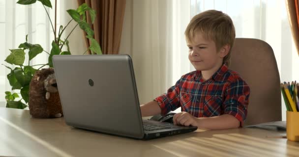Criança Inteligente Usa Computador Laptop Para Estudo Kid Distance Learning — Vídeo de Stock