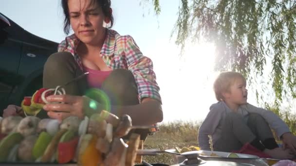 Mujer Prepare Verduras Kebab Skewer Cook Food Fire Campfire Familia — Vídeos de Stock