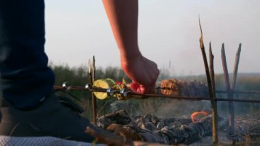 Yakın plan Man Roast Vegan Kebabı, Şiş Aşçı Vejetaryen Yemeği, Ateş Kampı Ateşinin Üzerinde. Aile Gezisi Pikniği Kırsal Doğa Bölgesi Kırsal Yazı 4K