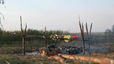 Yakın plan Man Roast Vegan Kebabı, Şiş Aşçı Vejetaryen Yemeği, Ateş Kampı Ateşinin Üzerinde. Aile Gezisi Pikniği Kırsal Doğa Bölgesi Kırsal Yazı 4K