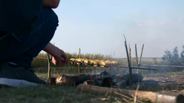 Close Man Roast Potato Skewer Cook Vegetarian Food Fire Campfire — Vídeos de Stock