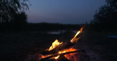 Saha Ovası 'ndaki Kamp Alanı' nda yakın çekim Yakıcı Odun Ateşi Kamp Ateşi. Kırsal Kır Sahnesi. Yaz Akşamı Alacakaranlık Gecesi 4K