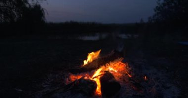 Saha Ovası 'ndaki Kamp Alanı' nda yakın çekim Yakıcı Odun Ateşi Kamp Ateşi. Kırsal Kır Sahnesi. Yaz Akşamı Alacakaranlık Gecesi 4K