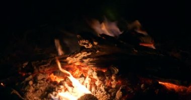 Yakından Ateş Dili Kül Yakan Odun Kamp Ateşi Gece Koyu Siyah Arkaplan 4K