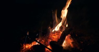 Yakından Ateş Dili Kül Yakan Odun Kamp Ateşi Gece Koyu Siyah Arkaplan 4K