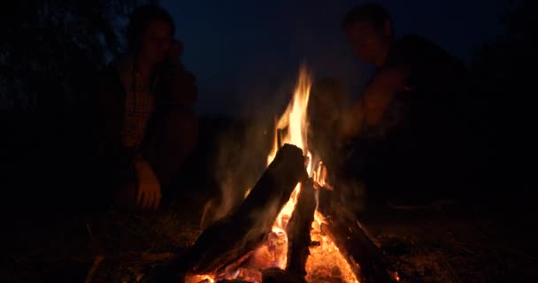 Familia Sentarse Cerca Fogata Mirando Llamas Fuego Padre Turístico Madre — Vídeos de Stock