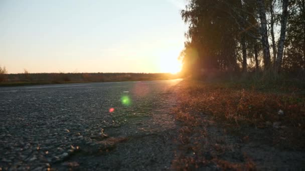 近接アスファルトロードカントリーハイウェイ近くフィールド 秋の季節 夕日の日差し ヨーロッパ農村風景背景 2倍スローモーション60Fps — ストック動画