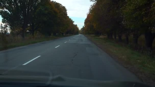 ドライバーPovフロントガラス車の画面表示車のフード 高速道路農村道路の国 秋の曇りの日 2倍スローモーション60 Fps — ストック動画