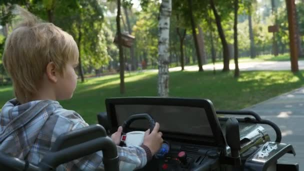 Happy Child Conduit Une Voiture Jouet Électrique Dans Parc Amusé — Video