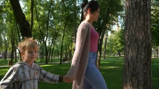Passeggiata Madre Con Bambino Passeggiata Nel Parco Donna Con Ragazzo — Video Stock