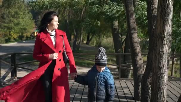Moeder Zoon Wandelen City Park Vrouw Rust Met Kind Jongen — Stockvideo