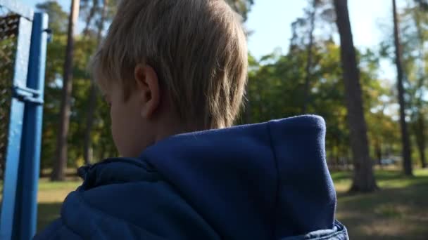Крупный План Симпатичный Мальчик Стоит Одиночестве Парке Детское Лицо Эмоции — стоковое видео