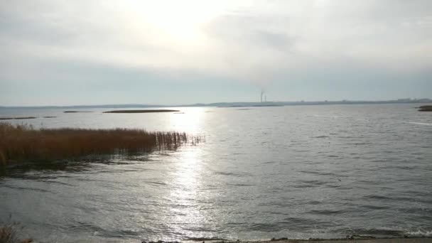 Power Plant Pipes Dnieper Dnipro River Reservoir Ukraine Europe Overcast — стоковое видео