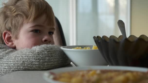 Little Boy Kid Waiting Family Dinner Child Sit Kitchen Table — Vídeos de Stock