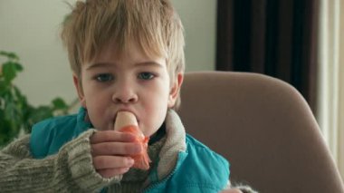 Child Eat Sausage. Kid Eating Meal Breakfast Dinner at Kitchen Table. Boy Wear Warm Sweater Attire Winter Day. Close-up 2x Slow motion 60fps 4K