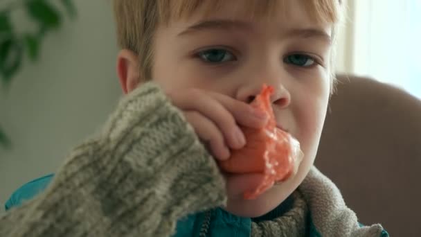 Barn Spis Pølse Kid Spise Måltid Morgenmad Middag Køkkenbordet Dreng – Stock-video