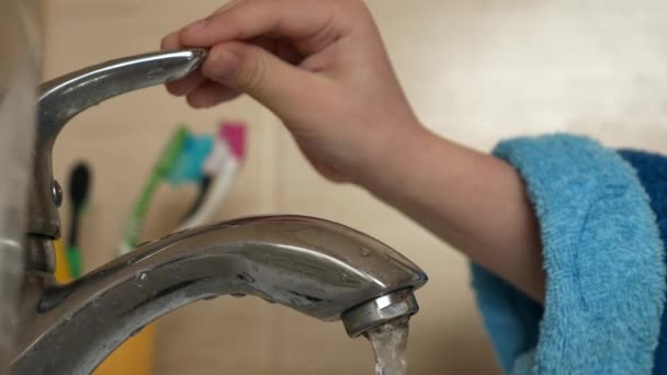 Little Boy Kid Washes His Hands Water Tap Bathroom Child — Stockvideo